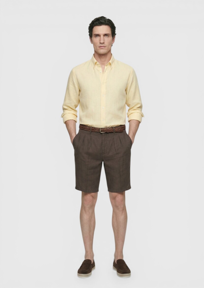 Kahverengi Düz Dokuma Carrot Fit Casual %100 Keten Bermuda - 1