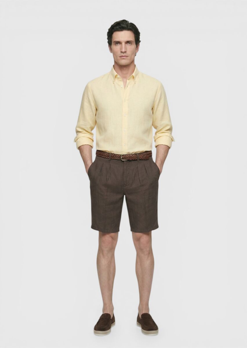 Kahverengi Düz Dokuma Carrot Fit Casual %100 Keten Bermuda - 1