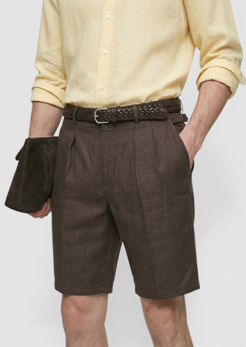 Kahverengi Düz Dokuma Carrot Fit Casual %100 Keten Bermuda 