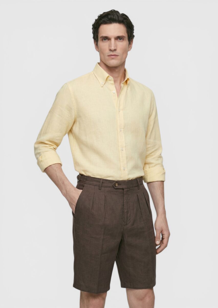 Kahverengi Düz Dokuma Carrot Fit Casual %100 Keten Bermuda - 3