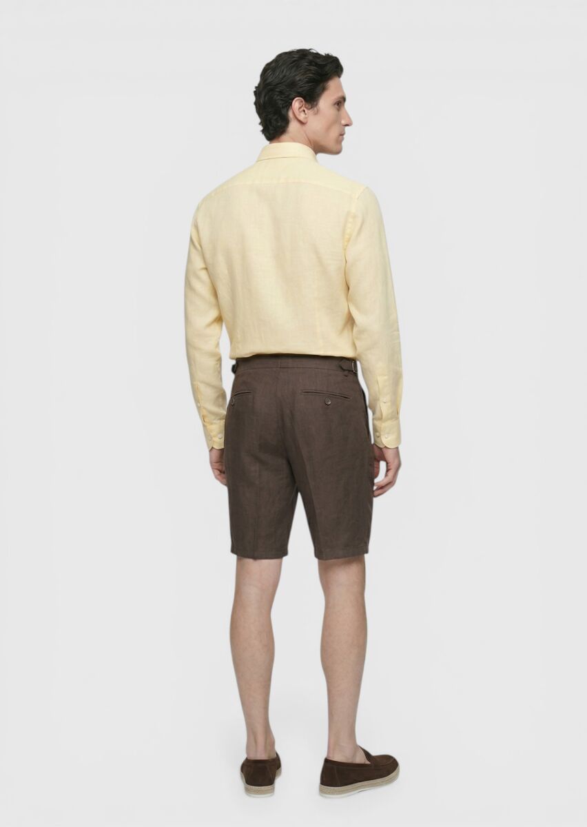 Kahverengi Düz Dokuma Carrot Fit Casual %100 Keten Bermuda - 4