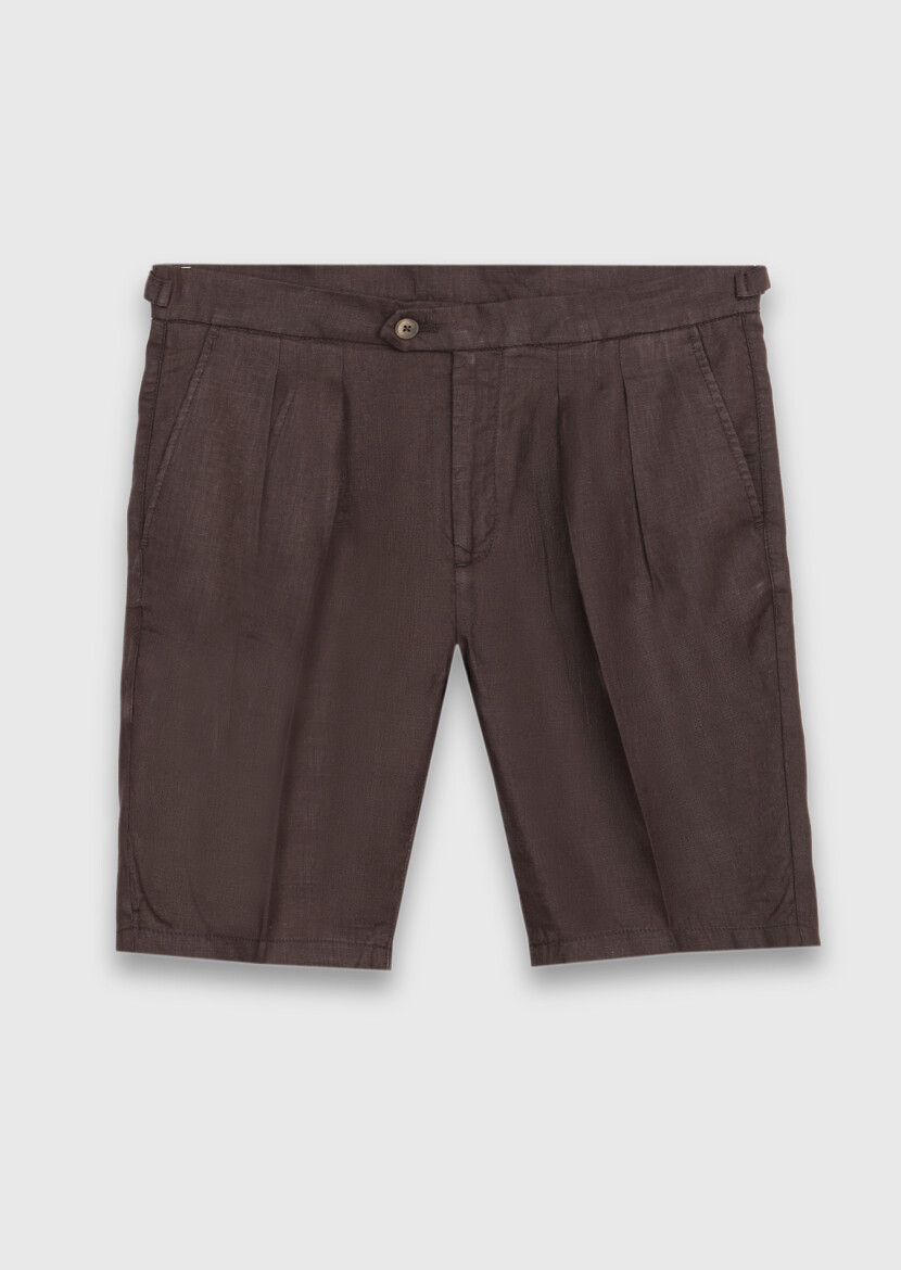 Kahverengi Düz Dokuma Carrot Fit Casual %100 Keten Bermuda - 5