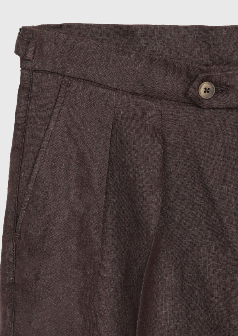 Kahverengi Düz Dokuma Carrot Fit Casual %100 Keten Bermuda - 6