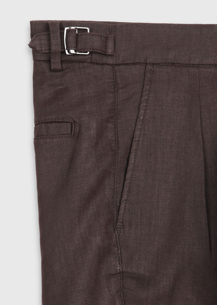 Kahverengi Düz Dokuma Carrot Fit Casual %100 Keten Bermuda - 7