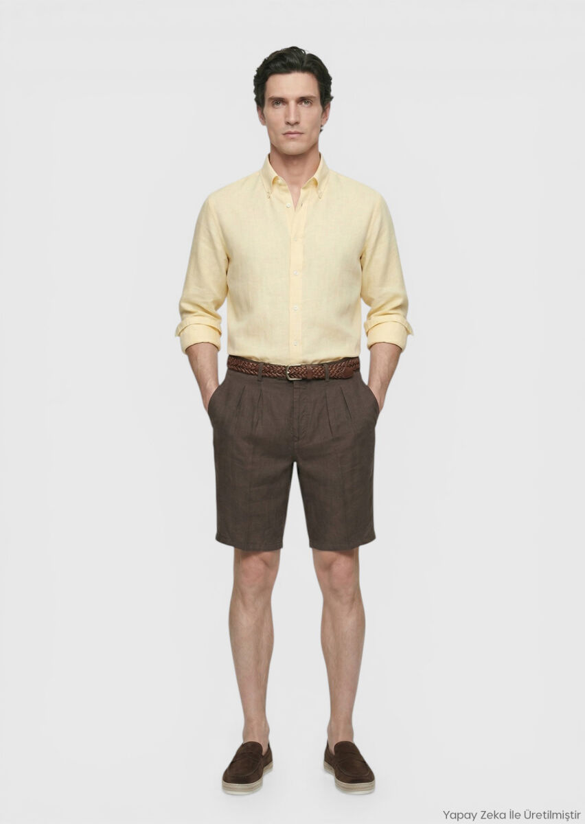 RAMSEY Kahverengi Düz Dokuma Carrot Fit Casual %100 Keten Bermuda