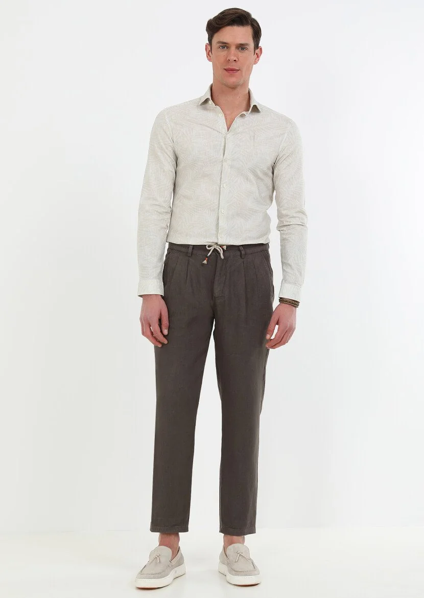 Kahverengi Düz Dokuma Casual %100 Keten Pantolon 