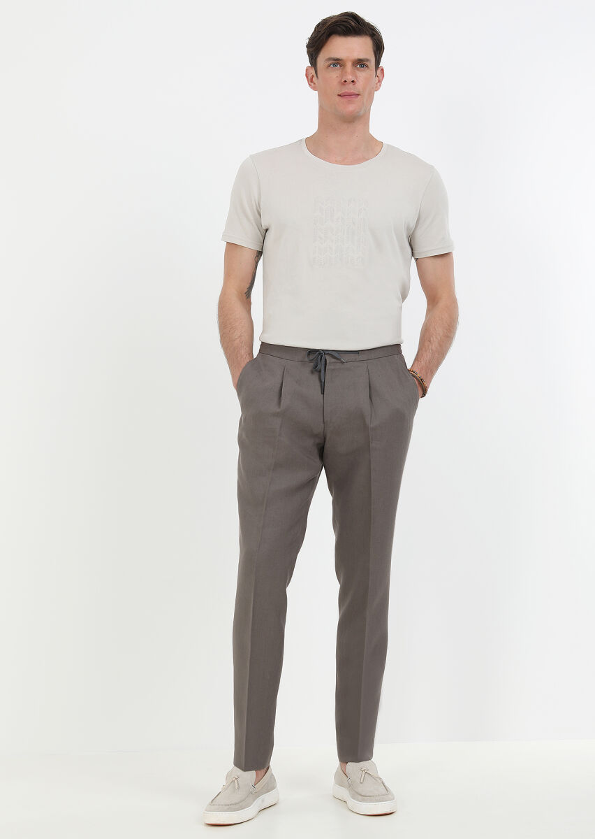 Kahverengi Düz Dokuma Jogging Fit Casual %100 Keten Pantolon - 1