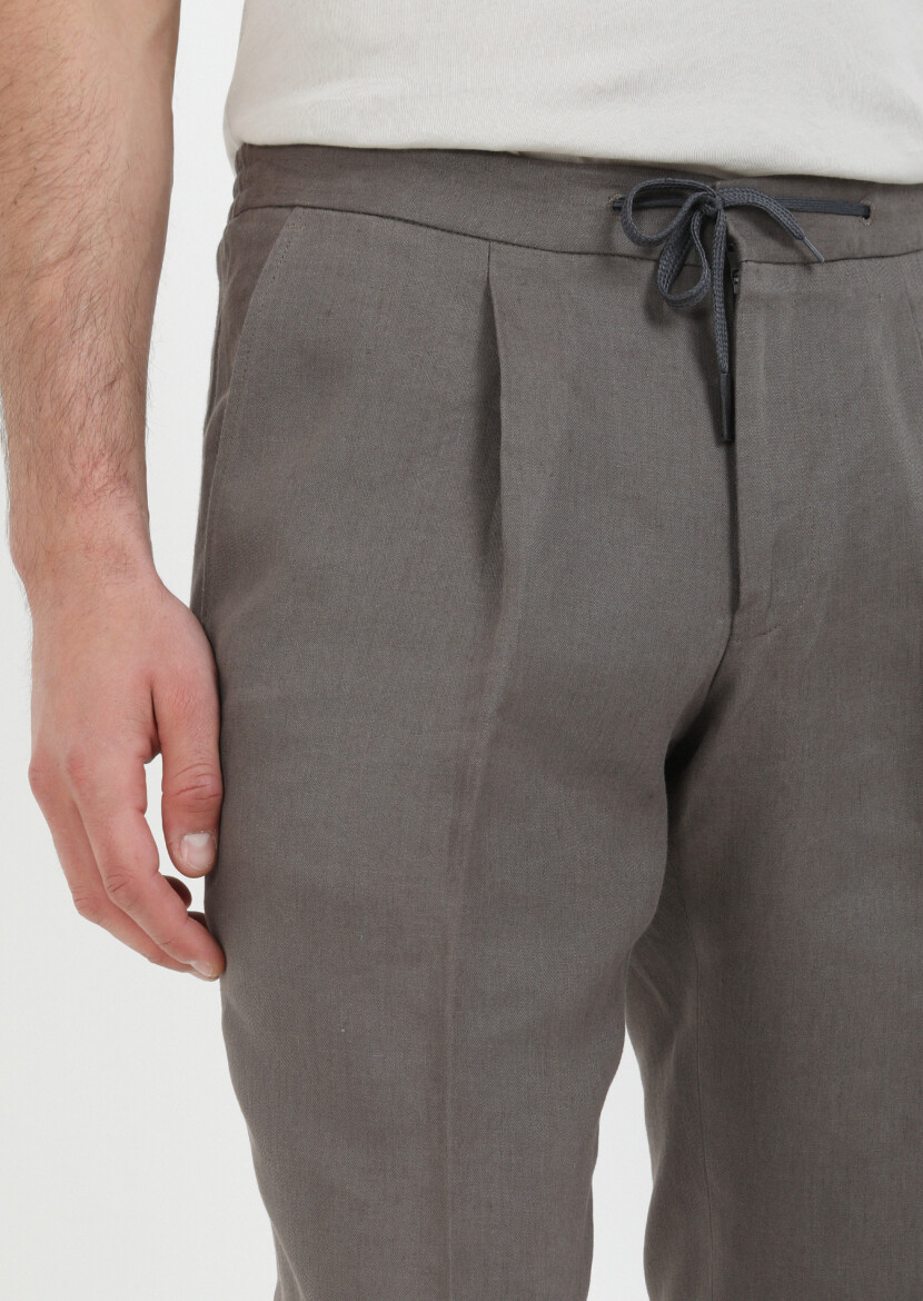Kahverengi Düz Dokuma Jogging Fit Casual %100 Keten Pantolon - 2