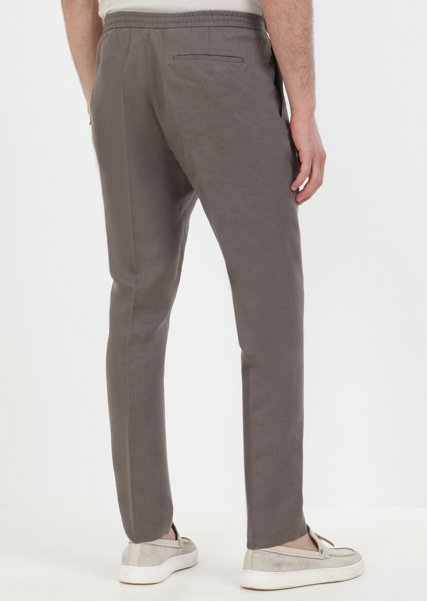 Kahverengi Düz Dokuma Jogging Fit Casual %100 Keten Pantolon - 5