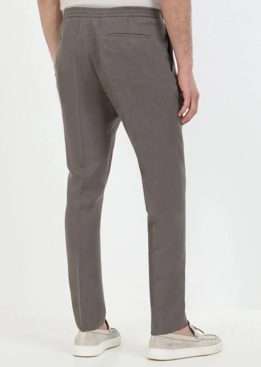 Kahverengi Düz Dokuma Jogging Fit Casual %100 Keten Pantolon - 5