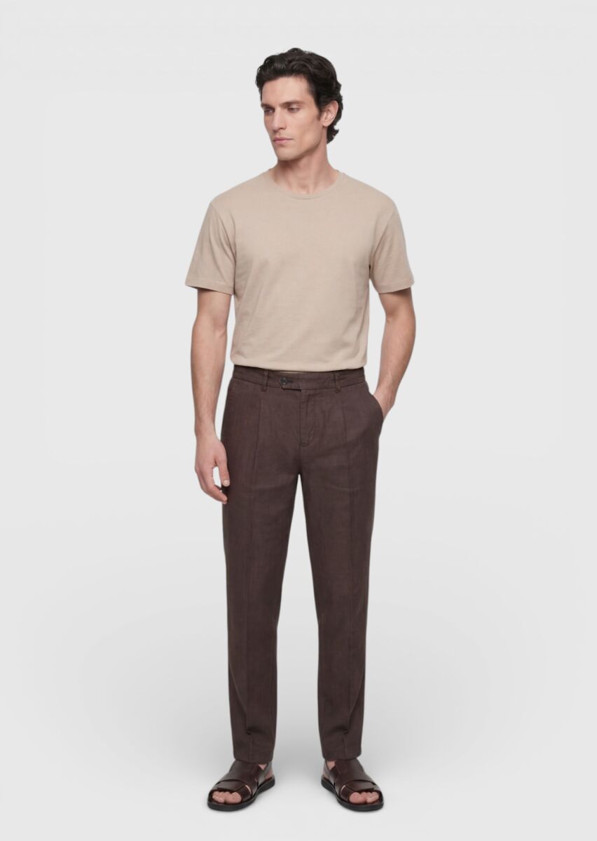 Kahverengi Düz Dokuma Jogging Fit Casual %100 Keten Pantolon - 3