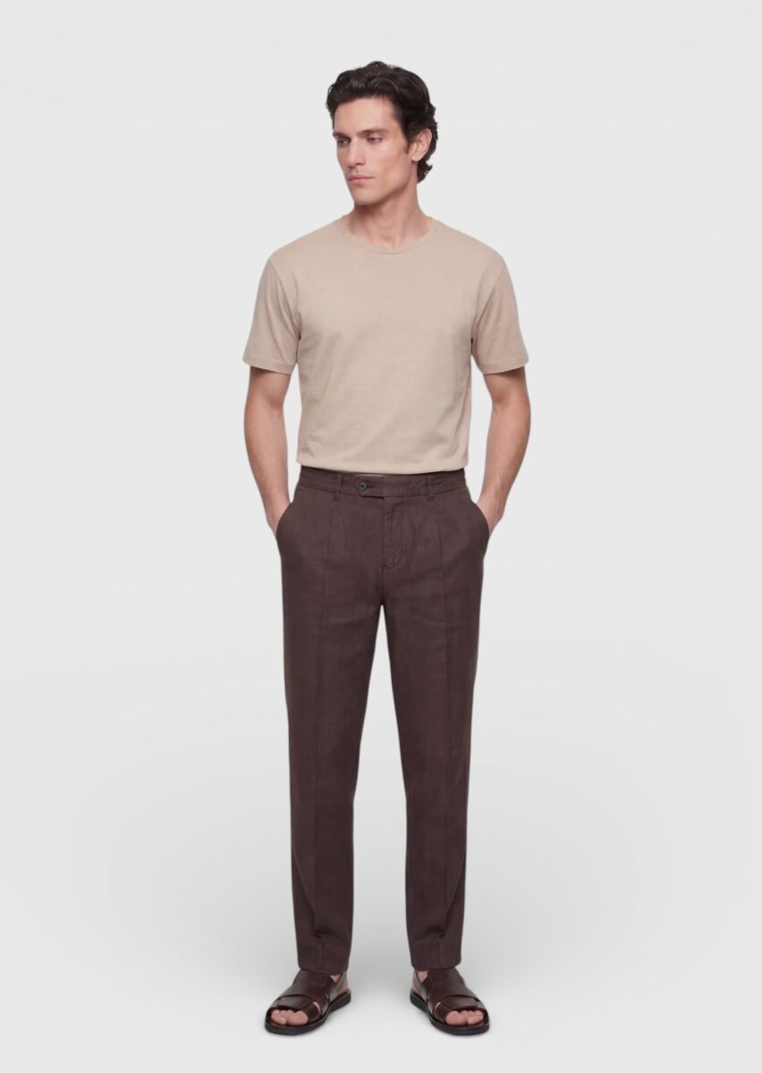 Kahverengi Düz Dokuma Jogging Fit Casual %100 Keten Pantolon - 1