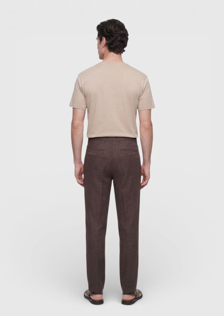 Kahverengi Düz Dokuma Jogging Fit Casual %100 Keten Pantolon - 4