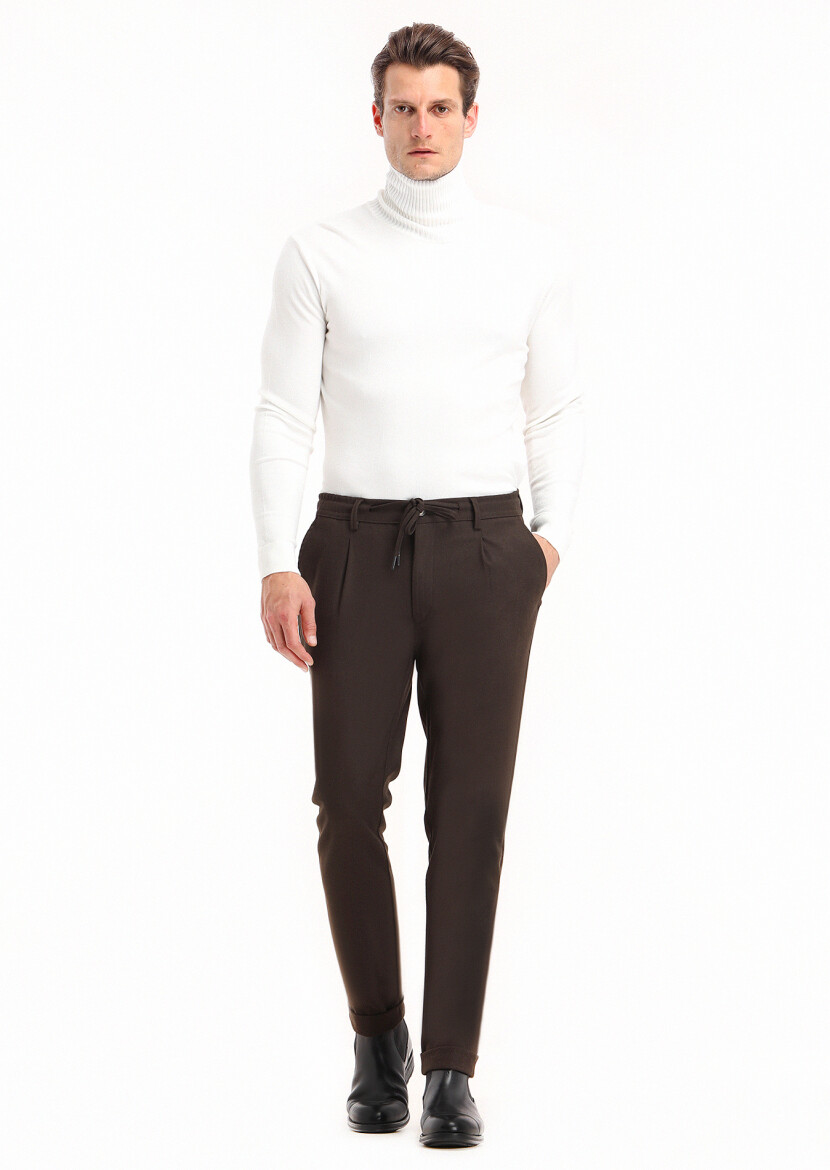 Kahverengi Düz Dokuma Jogging Fit Casual Pantolon - 1
