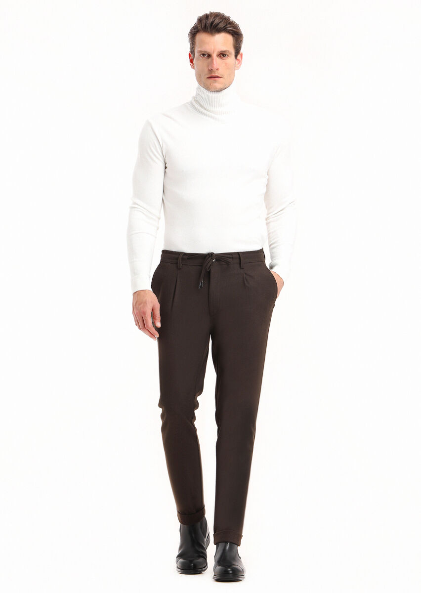 Kahverengi Düz Dokuma Jogging Fit Casual Pantolon - 1