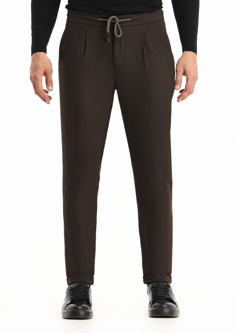 Kahverengi Düz Dokuma Jogging Fit Casual Pantolon 