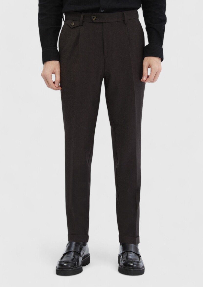 Kahverengi Düz Dokuma Regular Fit Casual Yün Karışımlı Pantolon - RAMSEY