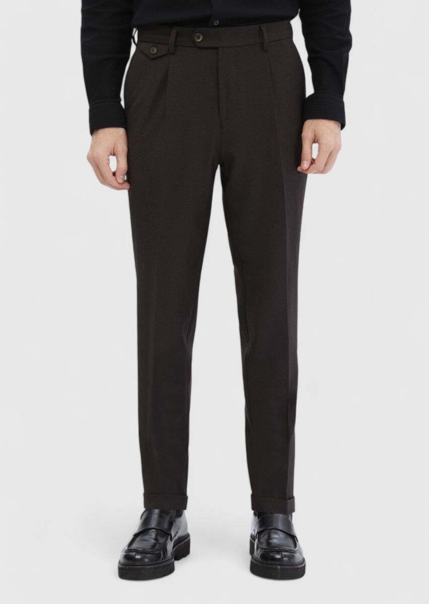 Kahverengi Düz Dokuma Regular Fit Casual Yün Karışımlı Pantolon - 1