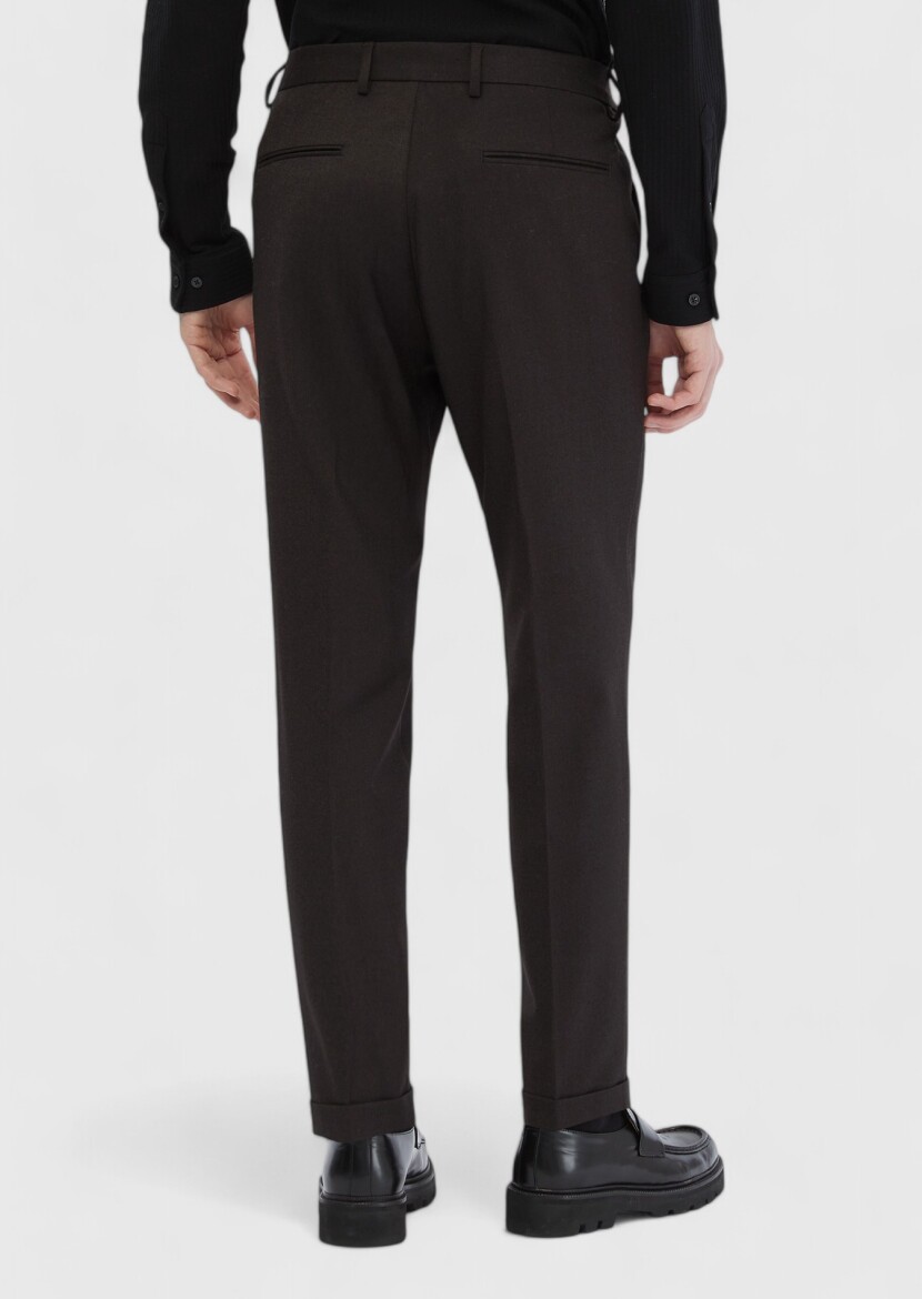 Kahverengi Düz Dokuma Regular Fit Casual Yün Karışımlı Pantolon 
