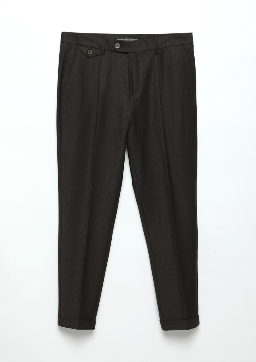 Kahverengi Düz Dokuma Regular Fit Casual Yün Karışımlı Pantolon - 4