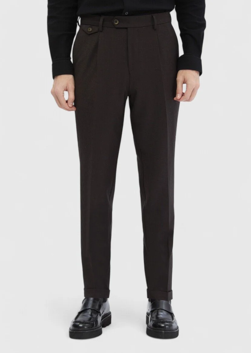 Kahverengi Düz Dokuma Regular Fit Casual Yün Karışımlı Pantolon - 2
