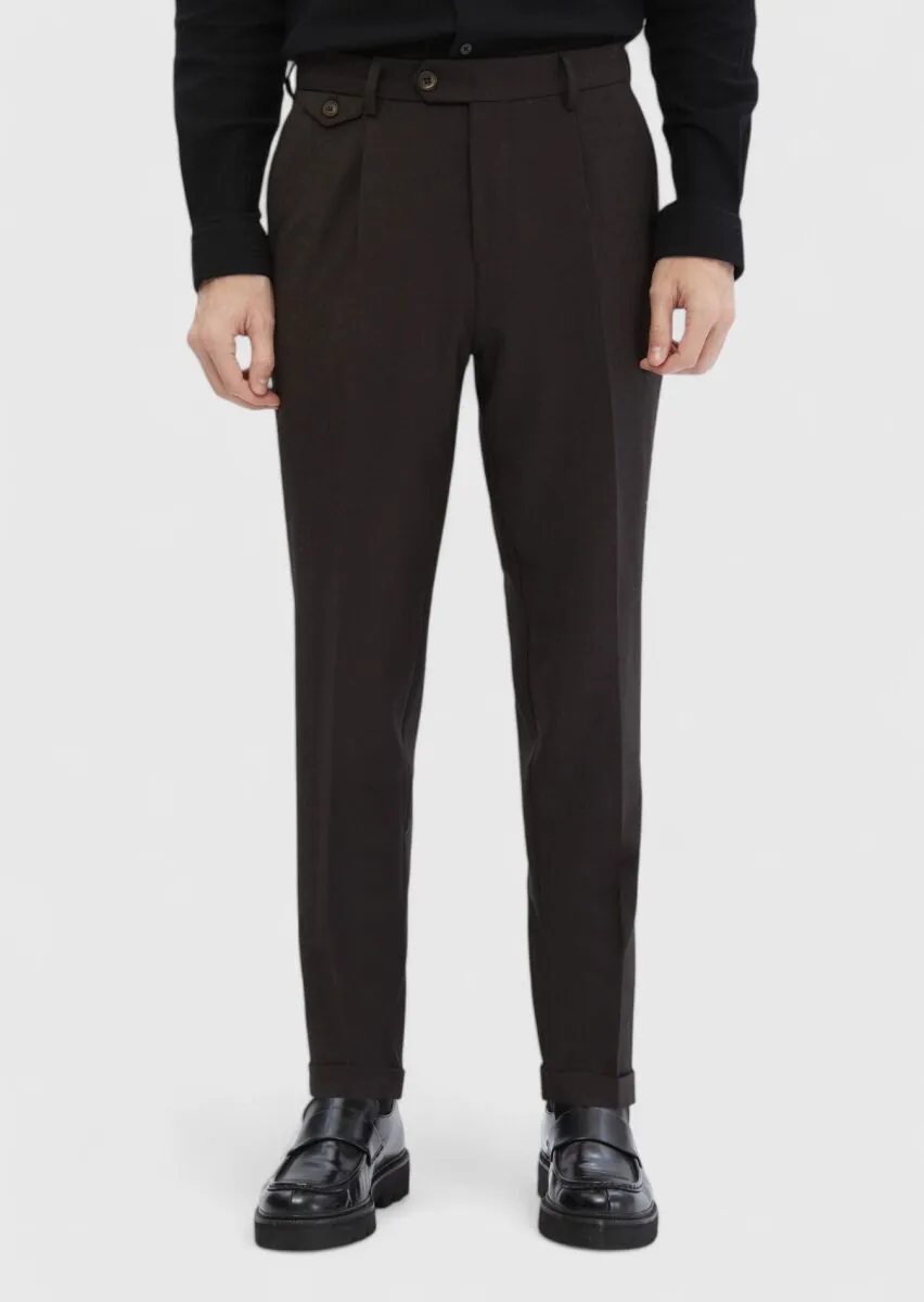 Kahverengi Düz Dokuma Regular Fit Casual Yün Karışımlı Pantolon - 2