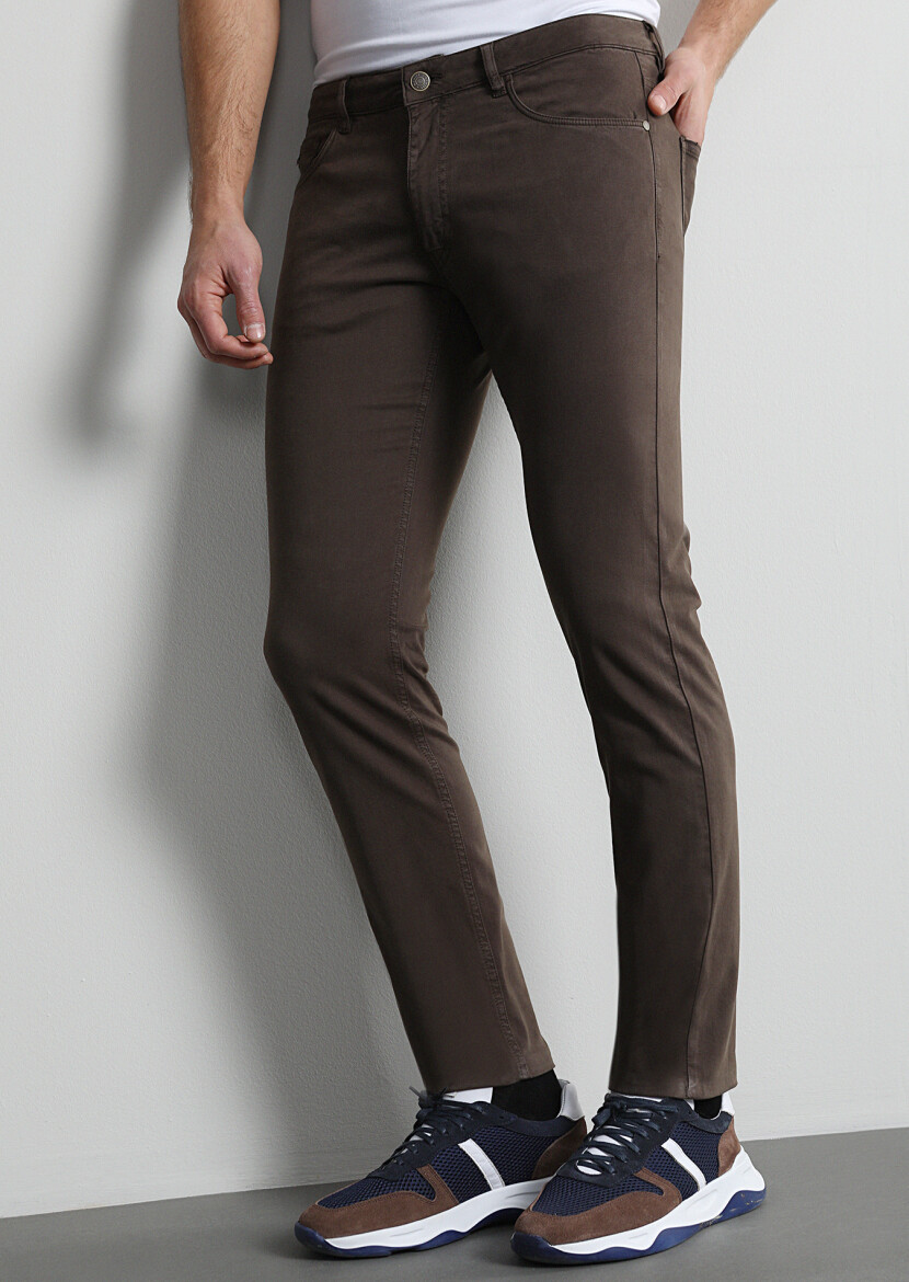 Kahverengi Düz Dokuma Slim Fit Casual Pamuk Karışımlı Pantolon 