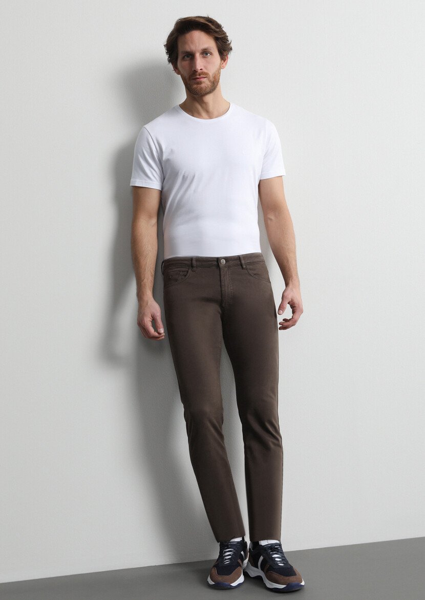 Kahverengi Düz Dokuma Slim Fit Casual Pamuk Karışımlı Pantolon - 1