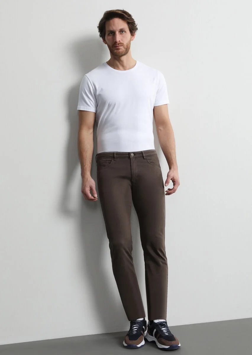 Kahverengi Düz Dokuma Slim Fit Casual Pamuk Karışımlı Pantolon - 1