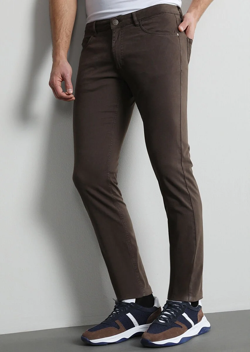 Kahverengi Düz Dokuma Slim Fit Casual Pamuk Karışımlı Pantolon - 2