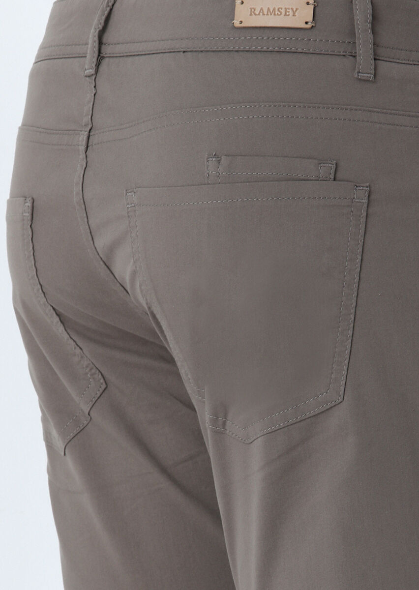 Kahverengi Düz Dokuma Slim Fit Casual Pamuk Karışımlı Pantolon - 3