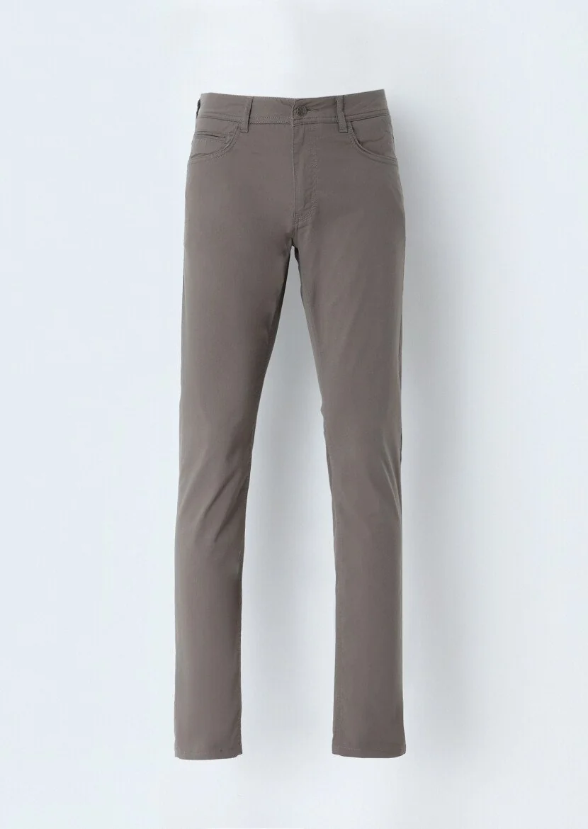 Kahverengi Düz Dokuma Slim Fit Casual Pamuk Karışımlı Pantolon - 1