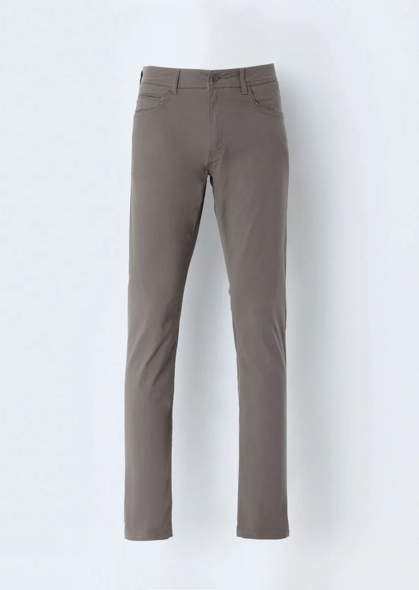 Kahverengi Düz Dokuma Slim Fit Casual Pamuk Karışımlı Pantolon - 1