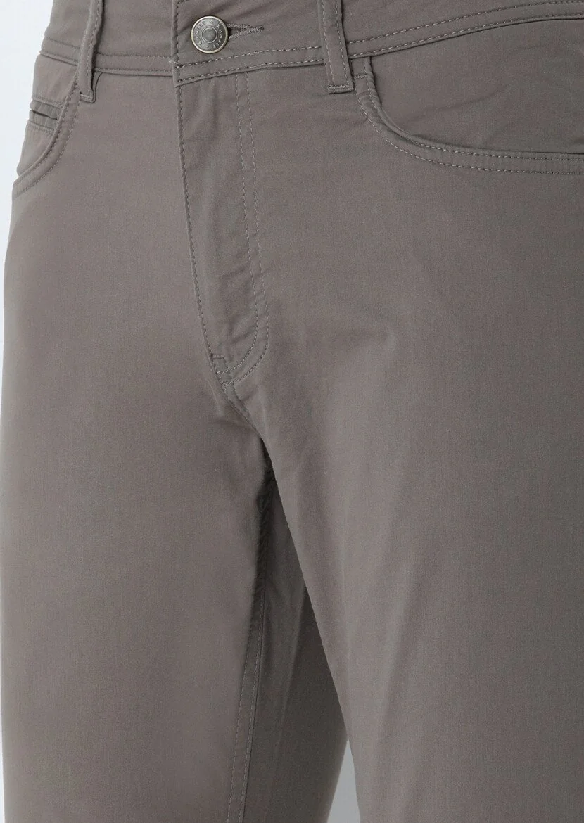 Kahverengi Düz Dokuma Slim Fit Casual Pamuk Karışımlı Pantolon - 2