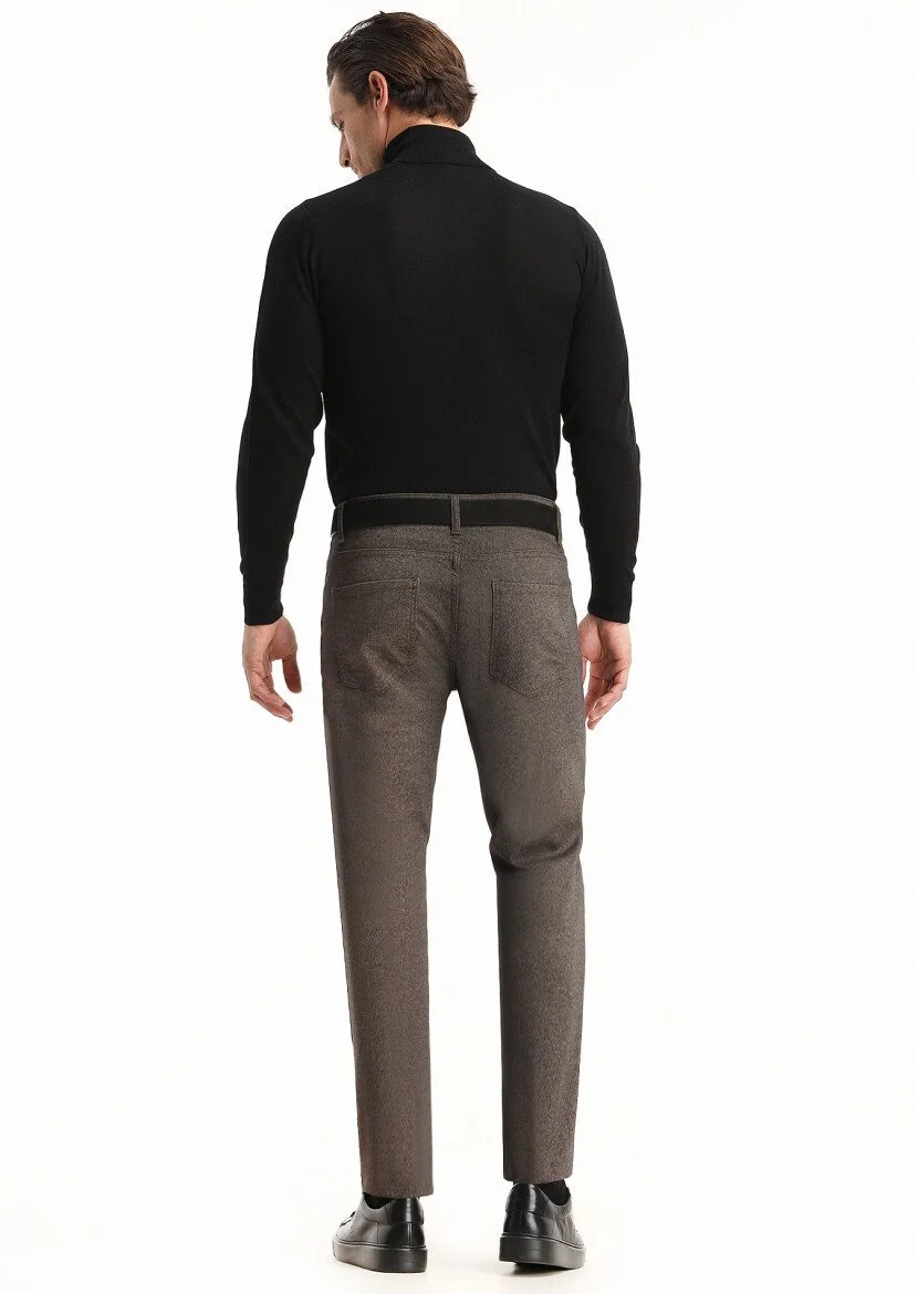Kahverengi Düz Dokuma Slim Fit Casual Pamuk Karışımlı Pantolon - 4