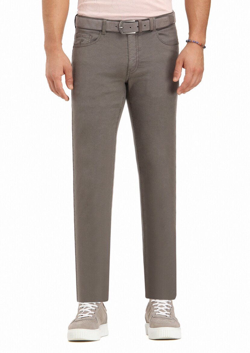 Kahverengi Düz Dokuma Slim Fit Casual Pamuk Karışımlı Pantolon 