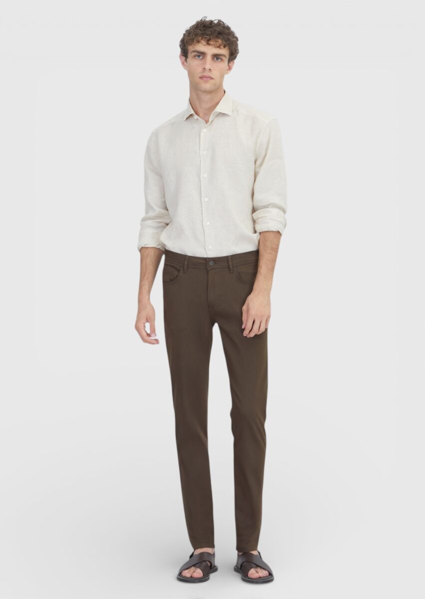 Kahverengi Düz Dokuma Slim Fit Casual Pamuk Karışımlı Pantolon - 1