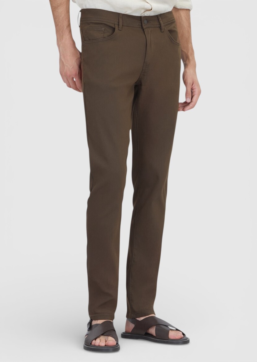Kahverengi Düz Dokuma Slim Fit Casual Pamuk Karışımlı Pantolon - RAMSEY