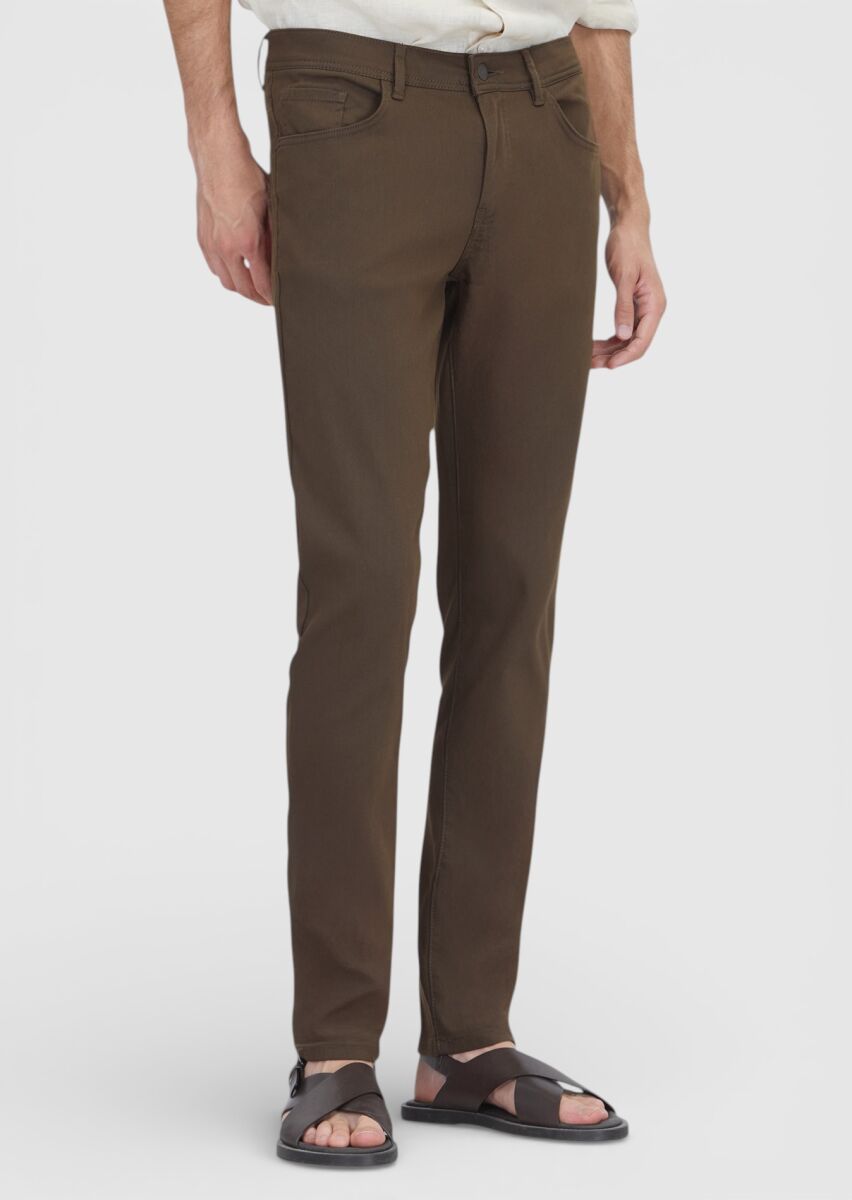 Kahverengi Düz Dokuma Slim Fit Casual Pamuk Karışımlı Pantolon - 2