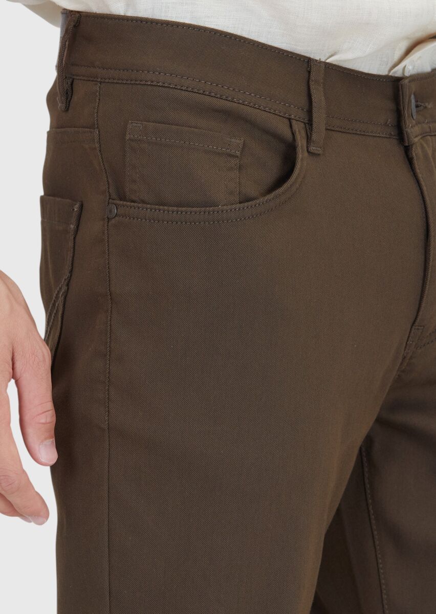 Kahverengi Düz Dokuma Slim Fit Casual Pamuk Karışımlı Pantolon - 3