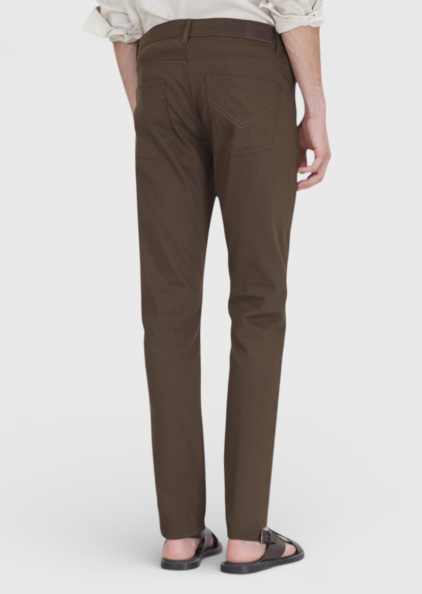 Kahverengi Düz Dokuma Slim Fit Casual Pamuk Karışımlı Pantolon - 5