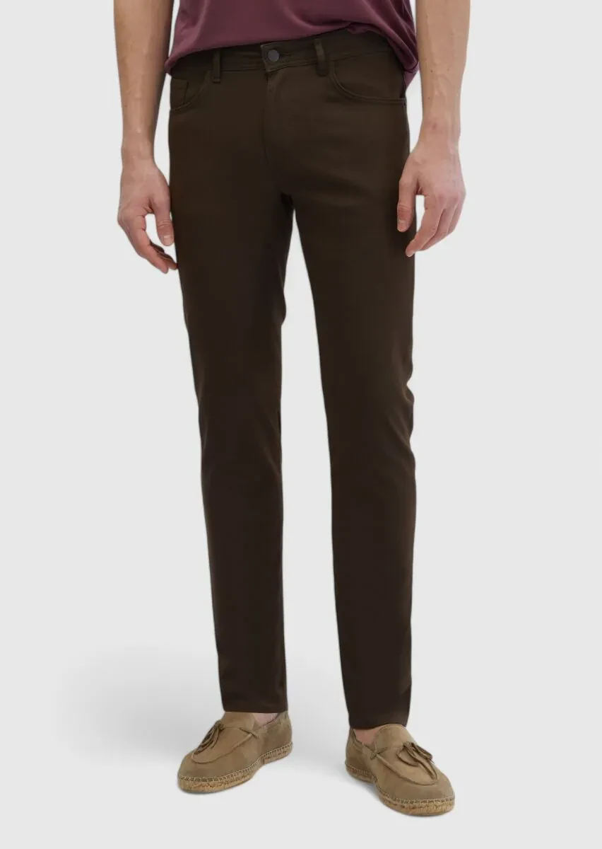 Kahverengi Düz Dokuma Slim Fit Casual Pamuk Karışımlı Pantolon - 2
