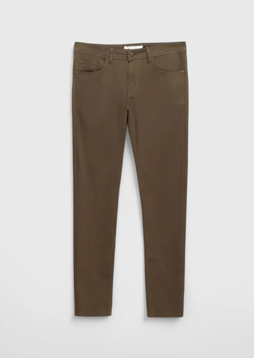 Kahverengi Düz Dokuma Slim Fit Casual Pamuk Karışımlı Pantolon - 6