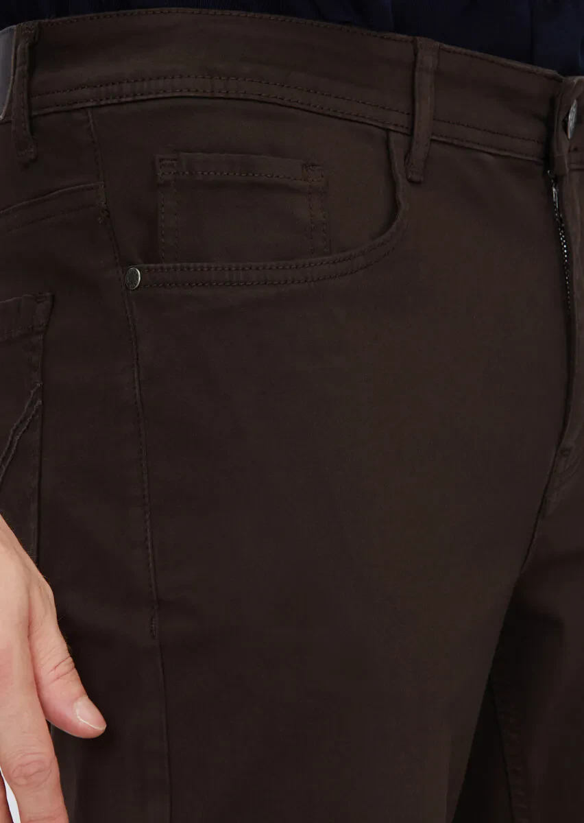 Kahverengi Düz Dokuma Slim Fit Casual Pamuk Karışımlı Pantolon - 3