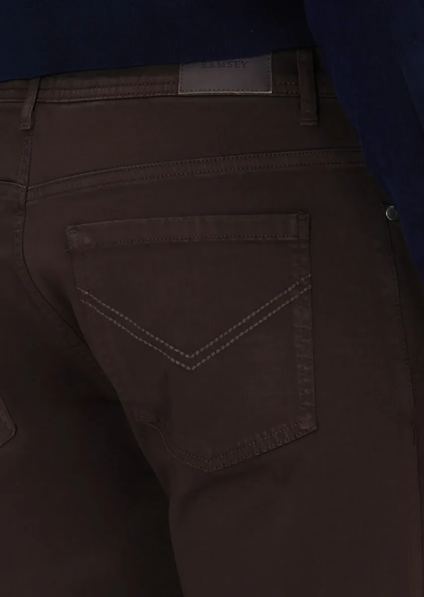Kahverengi Düz Dokuma Slim Fit Casual Pamuk Karışımlı Pantolon - 4
