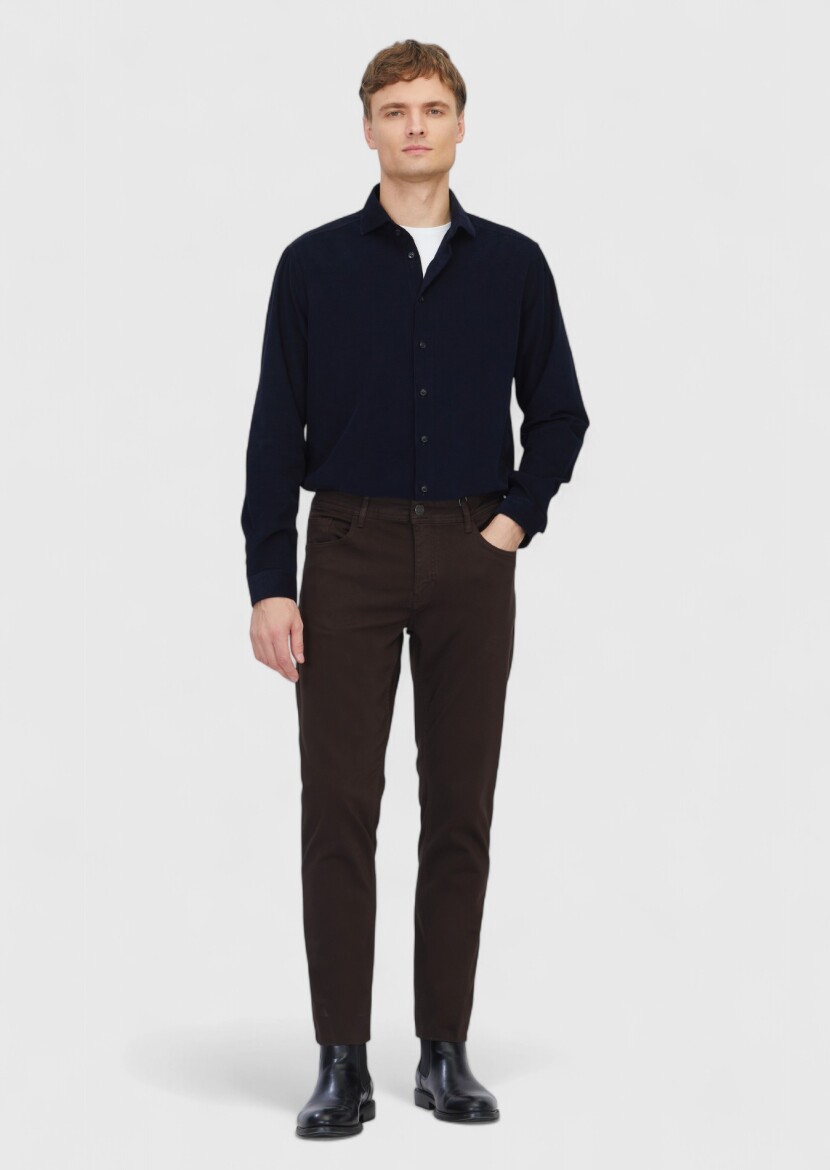 Kahverengi Düz Dokuma Slim Fit Casual Pamuk Karışımlı Pantolon - 1