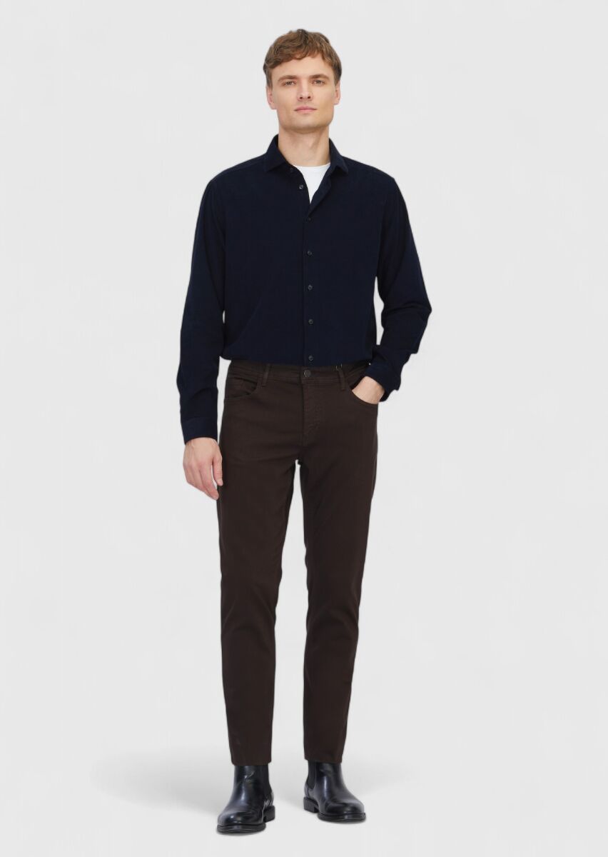 Kahverengi Düz Dokuma Slim Fit Casual Pamuk Karışımlı Pantolon - 1