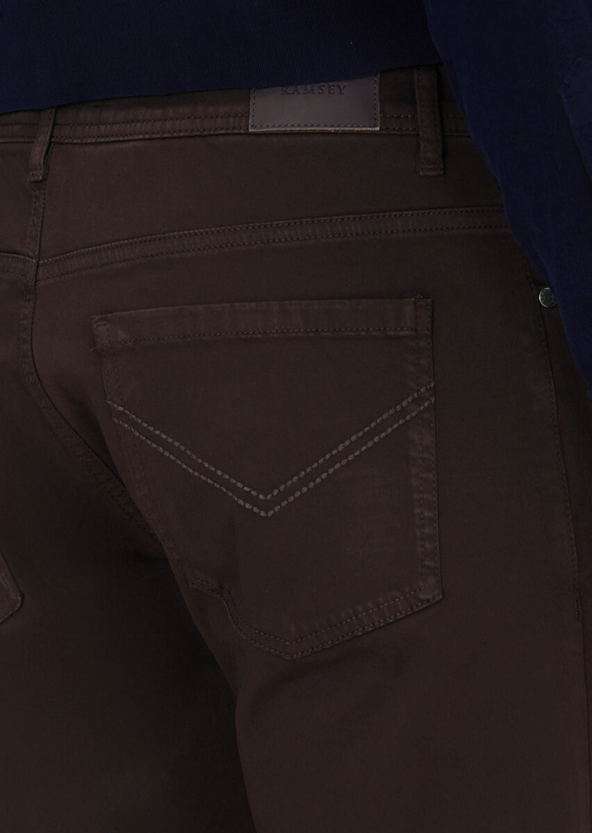 Kahverengi Düz Dokuma Slim Fit Casual Pamuk Karışımlı Pantolon - 4