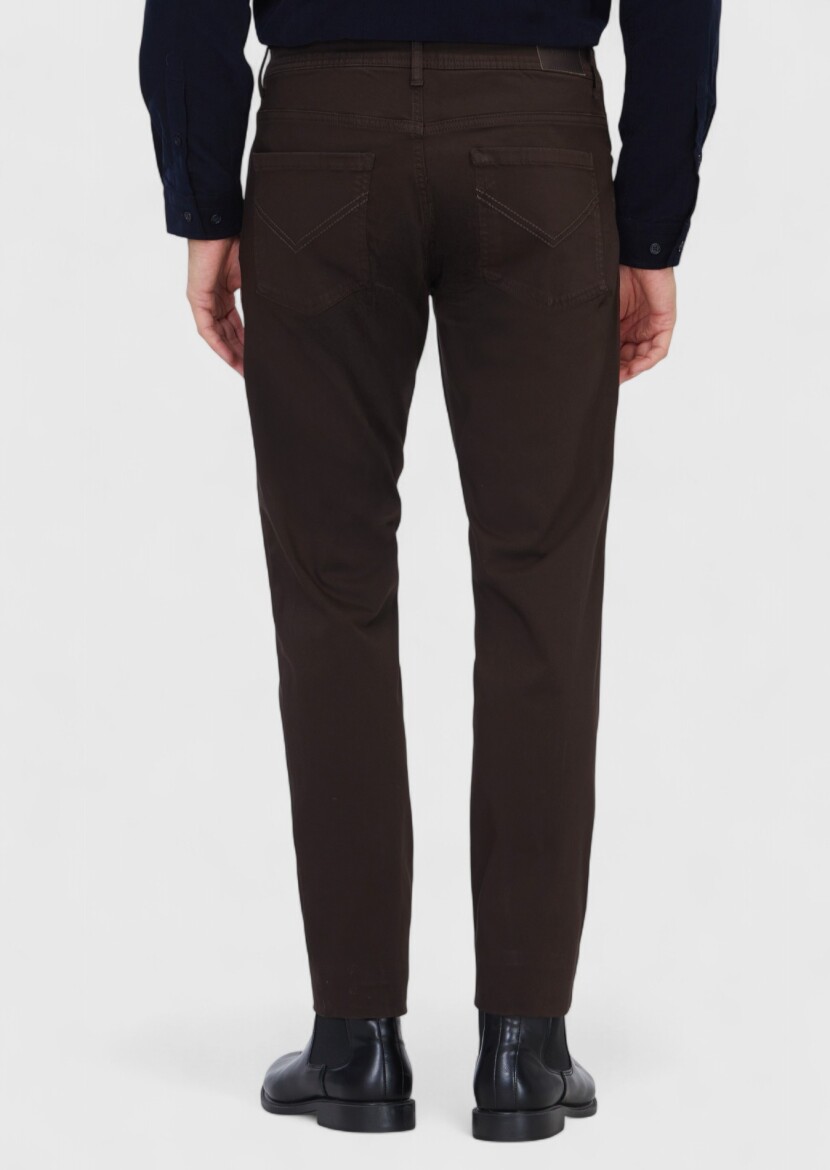 Kahverengi Düz Dokuma Slim Fit Casual Pamuk Karışımlı Pantolon - 5