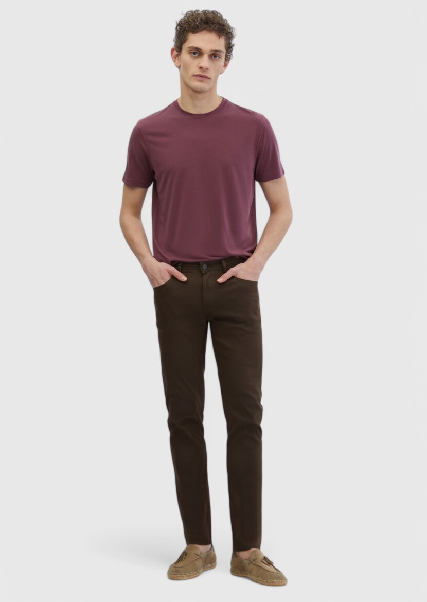 Kahverengi Düz Dokuma Slim Fit Casual Pamuk Karışımlı Pantolon - 1